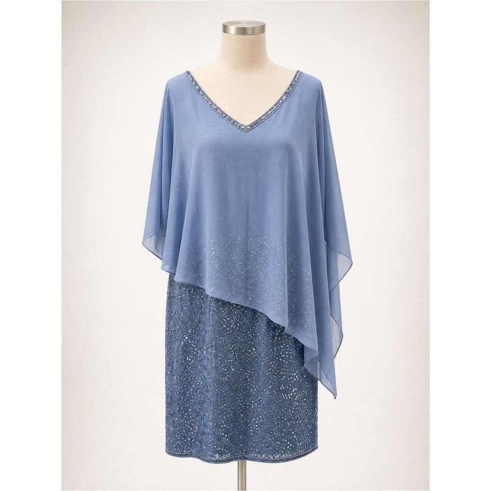 J Kara Beaded Cocktail Dress Sheer Capelet Overlay V-Neck Dusty Blue 18 NEW